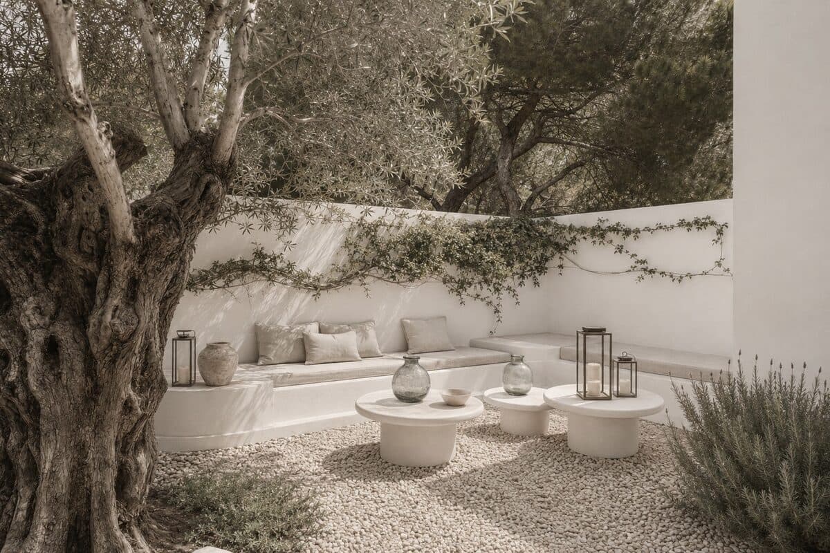 An olive tree over a whitewashed courtyard, with low seating, lanterns and stone tables in the shade