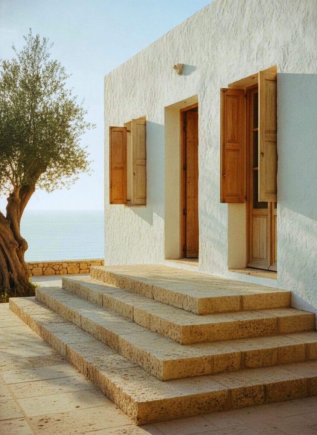 A Mediterranean coastal villa in warm natural light, limestone and plaster opening toward the sea